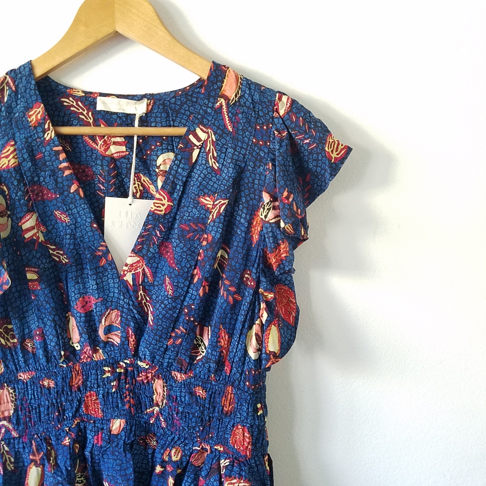 Ulla Johnson Brielle Dress Blue Dahlia Silk Ruffle V-Neck Dress Size 8 - Picture 10 of 16